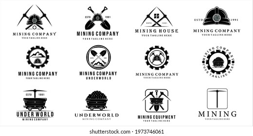 set of mining logo vector vintage illustration template design . mining cart helmet shovel trowel pickax or pickaxe tools logo bundle collection mining concept illustration design