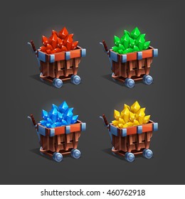 Set of mining minerals in mine trolley. Golden ore, gems, crystals and stones. Vector illustration.