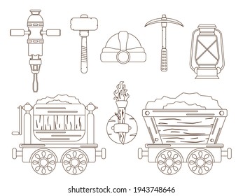 A set with mining tools for the extraction of resources. Mine carts, protection and lighting in the mine.