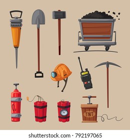 Set of mining tools. Worker's inventory. Cartoon vector illustration