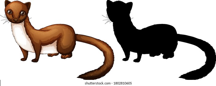 Set of mink characters and its silhouette on white background illustration