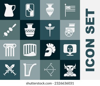 Set Minotaur, Greek helmet, Ancient chariot, amphorae, Olive and cheese on chopstick, Bottle of olive oil and Caduceus snake medical icon. Vector