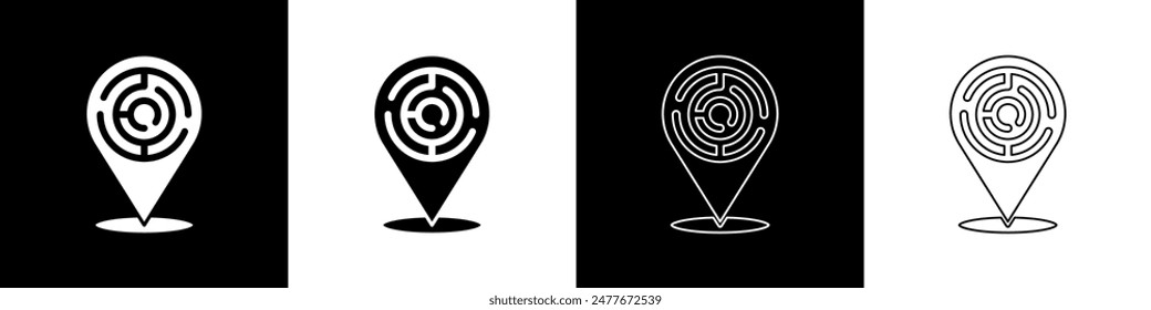 Set Minotaur maze or labyrinth icon isolated on black and white background. Ancient Greek mythology.  Vector