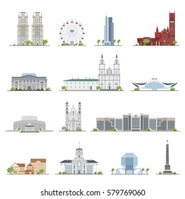 Set of Minsk city buildings, famous places in flat style. illustration collection.