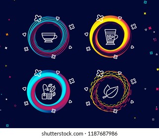 Set of Mint bag, Dry cappuccino and Frappe icons. Mint leaves sign. Mentha tea, Beverage mug, Cold drink. Mentha herbal.  Circle banners with line icons. Gradient colors shapes. Vector