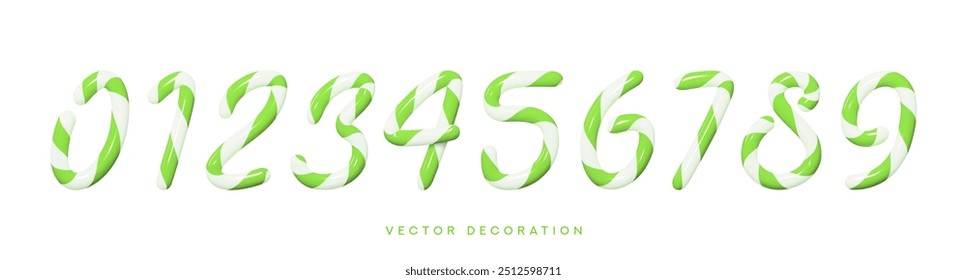 Set of mint candy cane numbers. Plastic 3d realistic candy cane numbers. Vector illustration. Christmas and New Year signs 1, 2, 3, 4, 5, 6, 7, 8, 9, 0 with white and green stripes.