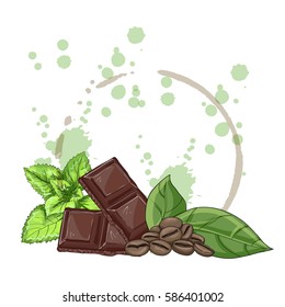 Set with mint, chocolate and grains of coffee on a white background vector illustration