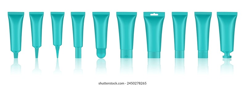 Set of mint green cosmetic tubes. Closed blank tubes with caps. Realistic mockup. Long nozzle tube. for ointment or salve. Gel serum. Korean packaging. Lip gloss. Toothpaste. Hand cream