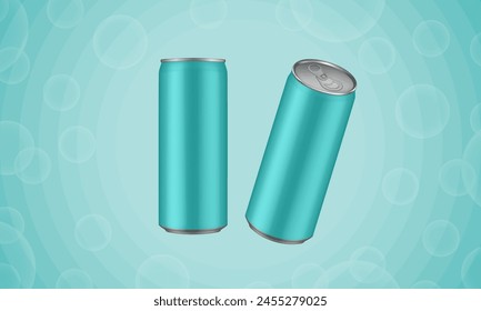 Set of mint green tin cans of energy drink, juice or soda. Cocktail or fitness drink. Cold beverages. Can top view. Abstract background with bubbles and rays	