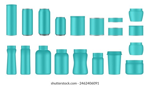 Set of mint green tin cans and jars. Coffee or tea canister. Tin can for preserves or pet food. Beer, cocktail or soda can. Chips tube. Cookie jar. Round box for sugar or flour