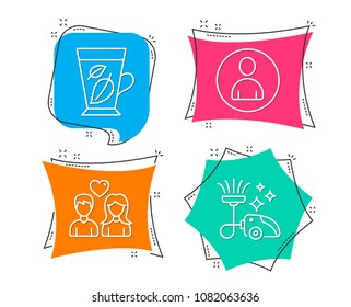 Set of Mint leaves, Avatar and Couple love icons. Vacuum cleaner sign. Mentha leaf, User profile, People in love. Vacuum-clean.  Flat geometric colored tags. Vivid banners. Trendy graphic design