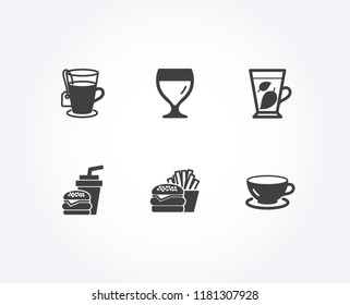 Set of Mint leaves, Burger and Tea icons. Hamburger, Wine glass and Espresso signs. Mentha leaf, Cheeseburger, Glass mug. Burger with drink, Cabernet wineglass, Coffee cup. Burger vector