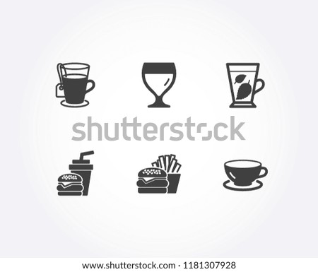 Set of Mint leaves, Burger and Tea icons. Hamburger, Wine glass and Espresso signs. Mentha leaf, Cheeseburger, Glass mug. Burger with drink, Cabernet wineglass, Coffee cup. Burger vector
