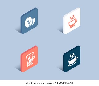 Set of Mint leaves, Espresso and Coffee beans icons. Cappuccino sign. Mentha leaf, Hot drink, Whole bean. Espresso cup.  3d isometric buttons. Flat design concept. Vector