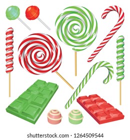 Set of Mint and Strawberry Chocolates and Candies Isolated on White. Lollipops, Chocolates and Candy Canes in Green and Red. Vector Low Poly Realistic Illustration.