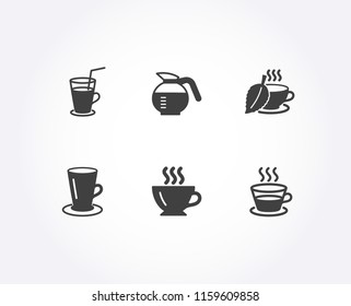 Set of Mint tea, Cocktail and Coffee icons. Teacup, Coffeepot and Coffee cup signs. Mentha beverage, Fresh beverage, Cappuccino. Tea or latte.  Quality design elements. Classic style. Vector
