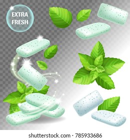 Set of mints gum with leaves. Realistic vector illustration.