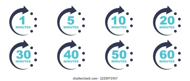 Set of minute timer vector icons on white background. Timer with arrow from 1 minute to 60. Interval time.