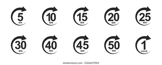 Anzahl der Minutensymbole mit Kreispfeilen. Stoppt das Uhrensymbol. 5, 10, 15, 20, 25, 30, 40, 45, 50 min Countdawn Schilder. Sport- oder Kochzeiten einzeln auf weißem Hintergrund. Vektorgrafik-Illustration