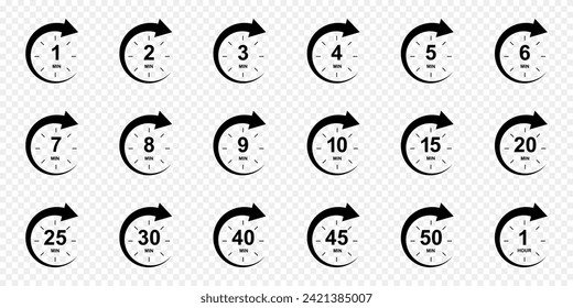 Set of minutes icons with circle arrows. Stopwatch symbols. 1, 2, 3, 4, 5, 6, 7, 8, 9, 10, 15, 20, 25, 30, 40, 45, 50 min and 1 hour sport or cooking timer signs. Vector graphic illustration