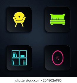 Set Mirror, Armchair, Shelf with books and Big bed. Black square button. Vector