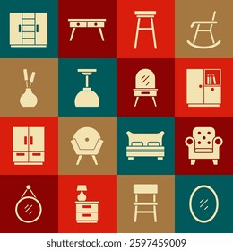 Set Mirror, Armchair, Wardrobe, Chair, Lamp hanging, Vase,  and Dressing table icon. Vector