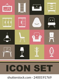 Set Mirror, Chair, Armchair, Wardrobe, Picture and Pouf icon. Vector