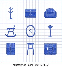 Set Mirror, Chair, Wardrobe, Floor lamp, Armchair,  and Coat stand icon. Vector