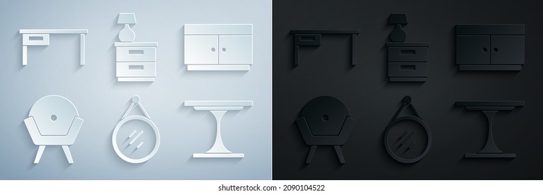 Set Mirror, Chest of drawers, Armchair, Round table, Furniture nightstand with lamp and Office desk icon. Vector