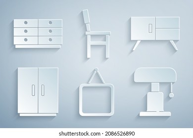 Set Mirror, Chest of drawers, Wardrobe, Table lamp, Chair and  icon. Vector
