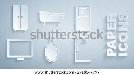 Set Mirror, Closed door, Picture frame on table, Shower, Bathtub and Wardrobe icon. Vector