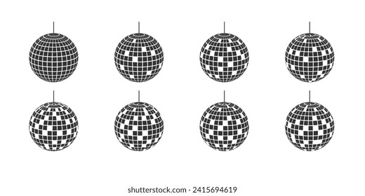 Set of mirror discoballs with black and white pixel textures. Vintage mirrorballs in 70s 80s 90s discotheque style. Glowing night club spheres. Dance music party glitterballs. Vector flat illustration