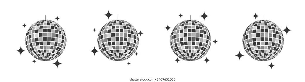 Set of mirror discoballs with glares. Shining nightclub spheres. Dance music party glitterballs. Vintage mirrorballs in 70s 80s 90s discotheque style. Nigh club symbols. Vector flat illustration