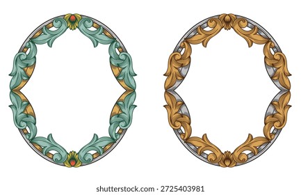 Conjunto de marcos de espejo. Antiguas marco elegante con ornamental victoriano. Marcos grabados clásicos de color verde y oro. Ideal para invitaciones de boda, bordes decorativos, diseños antiguos, marca de lujo, marcos de espejo y patrón ornamental clásico