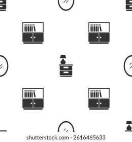 Set Mirror, Furniture nightstand with lamp and Library bookshelf on seamless pattern. Vector