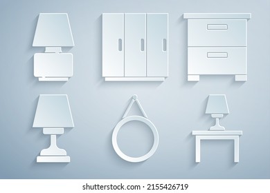 Set Mirror, Furniture nightstand, Table lamp, on table, Wardrobe and  icon. Vector