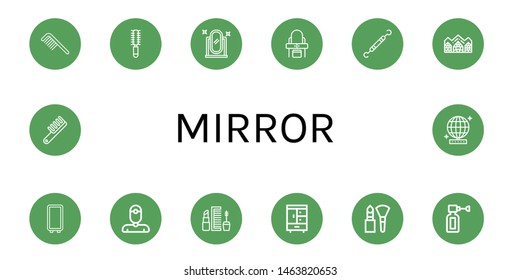 Set of mirror icons such as Comb, Hair brush, Full length mirror, Dressing table, Dentist tools, Mirror, Dentist, Makeup, Closet, Ear spray, ball ,