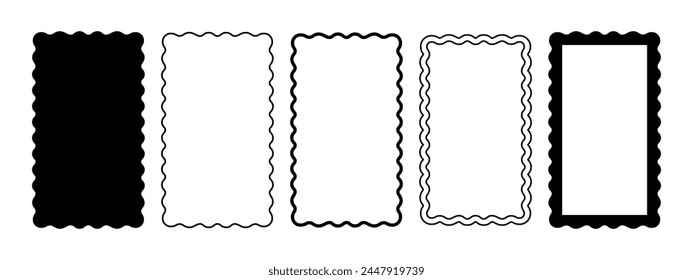 Set of mirror, picture or photo rectangle frames with wavy borders. Wiggly rectangular shapes. Empty text boxes or banners templates isolated on white background. Vector graphic illustration.