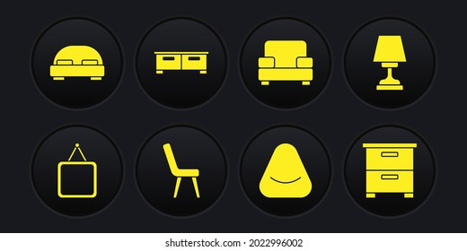 Espejo, lámpara de mesa, sillón, puf, cómoda, mesa de noche de mobiliario e icono de cama grande. Vector
