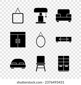 Set Mirror, Table lamp, Armchair, Big bed, Chair, Wardrobe,  and  icon. Vector