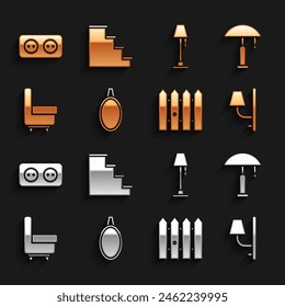 Set Mirror, Table lamp, Wall sconce, Garden fence wooden, Armchair, Floor, Electrical outlet and Staircase icon. Vector