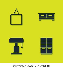 Set Mirror, Wardrobe, Table lamp and Chest of drawers icon. Vector