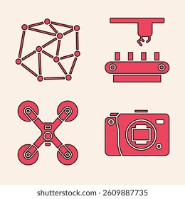 Set Mirrorless camera, Neural network, Factory conveyor system belt and Drone flying icon. Vector