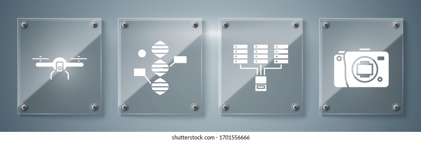 Set Mirrorless camera, Server, Data, Web Hosting, DNA symbol and Drone flying. Square glass panels. Vector