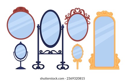 Set of mirrors concept. Pack of frames of different shapes. Reflection, element of decor and interior for apartment. Cartoon flat vector collection isolated on white background