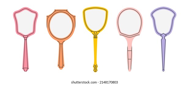 A set of mirrors for daily beauty routine. Mirror with handle, various frame shapes. Antique, vintage style. Cute colorful design. Hand drawn vector illustration isolated on white background.