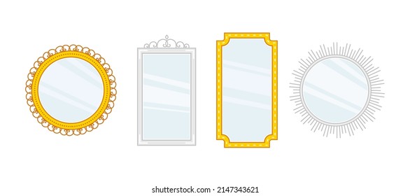 Set of mirrors of different shapes and colors.Silver and gold wall mirrors with retro ornaments and reflection.Vector cartoon illustration isolated in white background. 