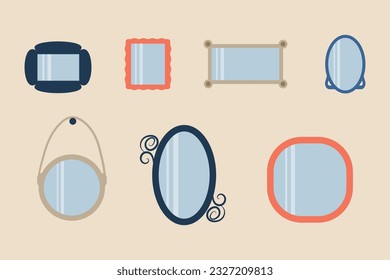 Set of mirrors of different sizes and variations, colors. Vector illustration.Flat icon set. Female beauty accessories. Isolated objects background
