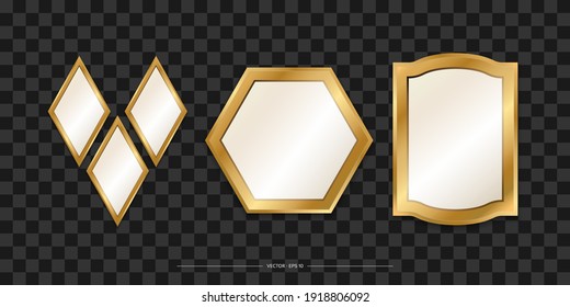 Set of Mirrors with a gold frame. Realistic design for interior furniture. Reflective glass surfaces. Vector illustration.