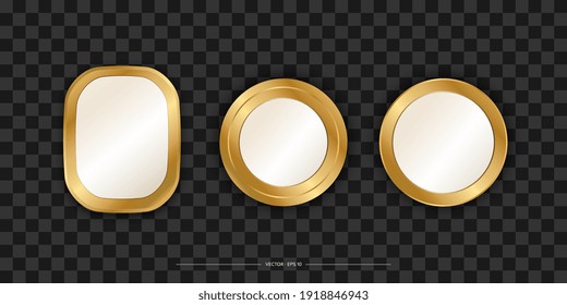 Set of Mirrors with a gold frame. Realistic design for interior furniture. Reflective glass surfaces. Isolated. Vector illustration.